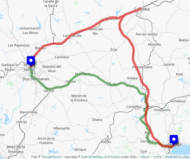 Map of part of Spain, showing two routes between Seville and Malaga.